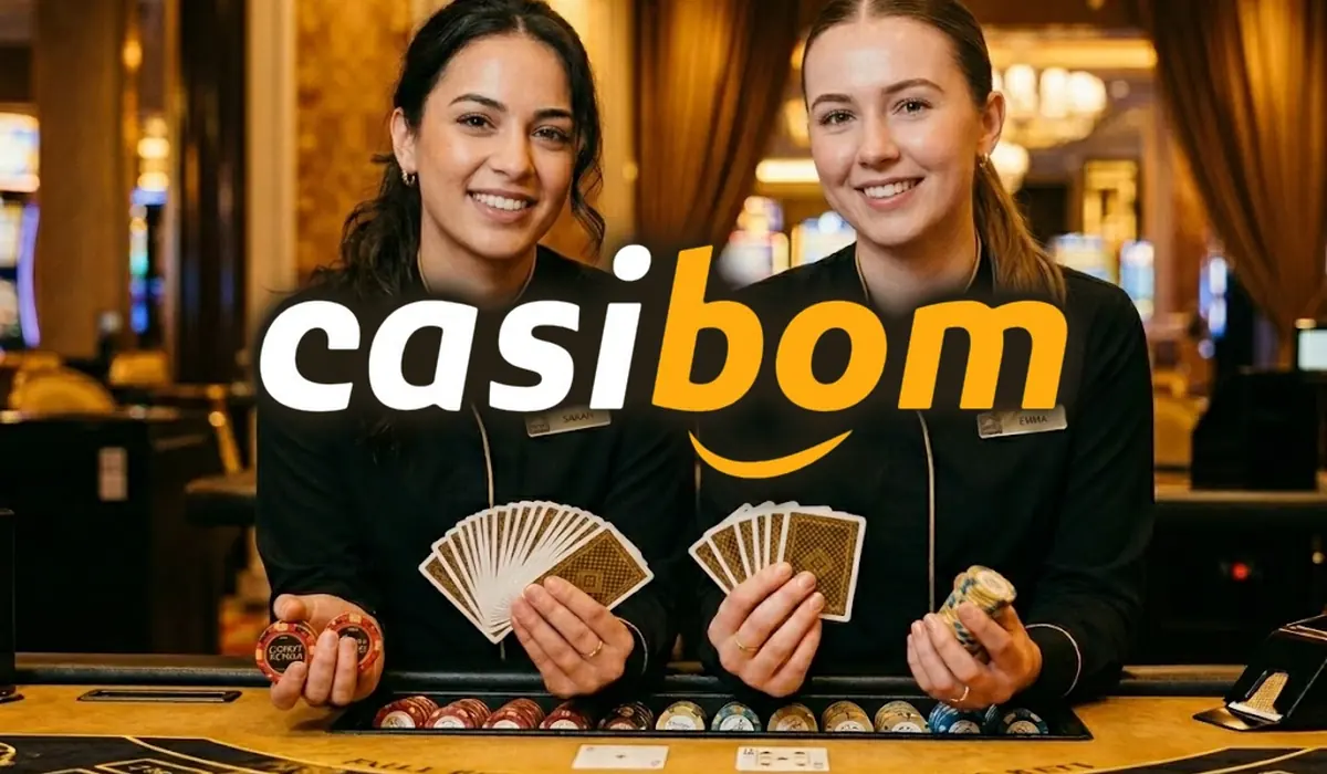 Casibom logosu önünde iskambil kartlarıyla iki canlı casino krupiyesi
