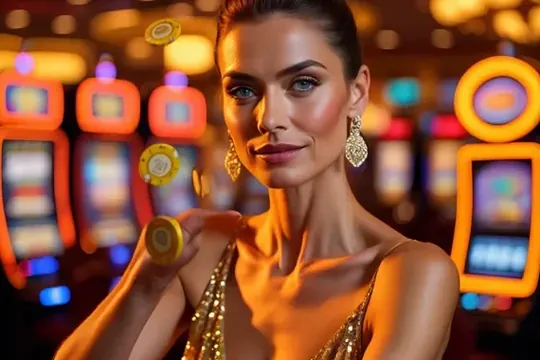 Casibom üyelik formu: slot salonunda jeton tutan kadın